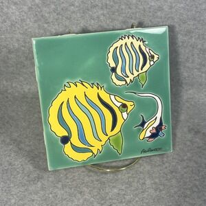 Tropical Fish Hand Painted Ceramic Tile Trivet Plaque Artist Signed Palmer Beach